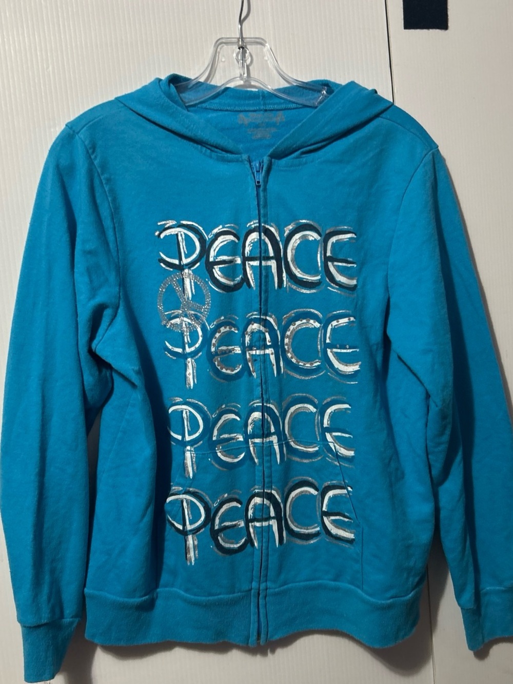 total girl Turquoise Zip-Up Hoodie with Silver 'PEACE' Graphic